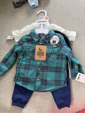 Eddie Bauer Kids Teal and Navy Plaid Button-Down Shirt, 12 month, 4 piece set